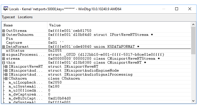 サンプル コードのローカルおよびコマンド ウィンドウを表示している WinDbg インターフェイス。
