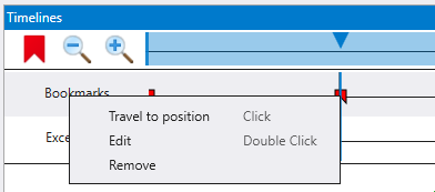 Screenshot of bookmark right-click popup menu with options to travel to position, edit, and remove.