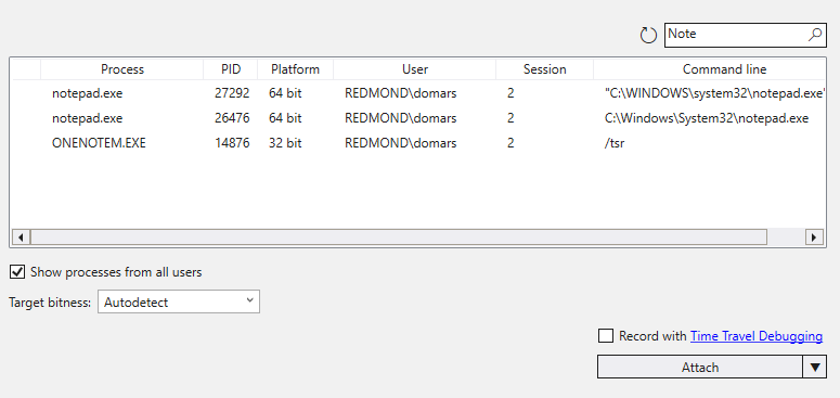 Screenshot of the Attach to a Process dialog in WinDbg debugger.