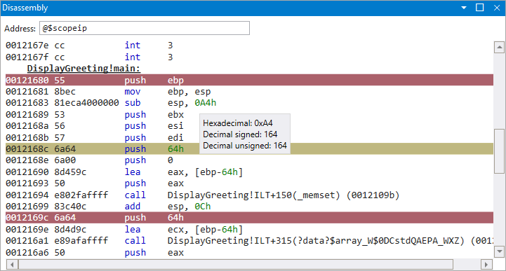 Screenshot of the disassembly window in WinDbg debugger.
