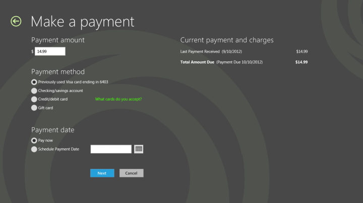 Screenshot of the make payment form in a mobile broadband app.