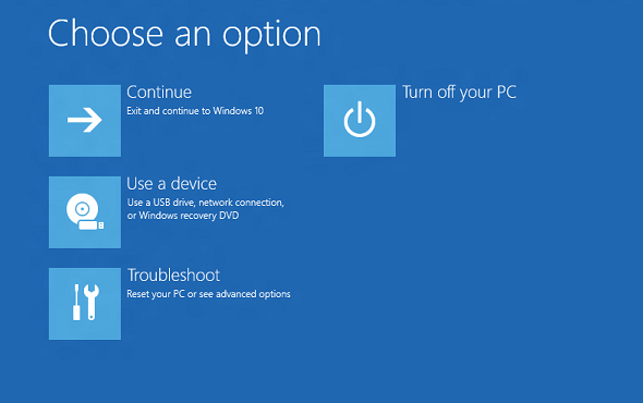Screenshot shows options: Continue, Use a device, Troubleshoot, or Turn off your PC