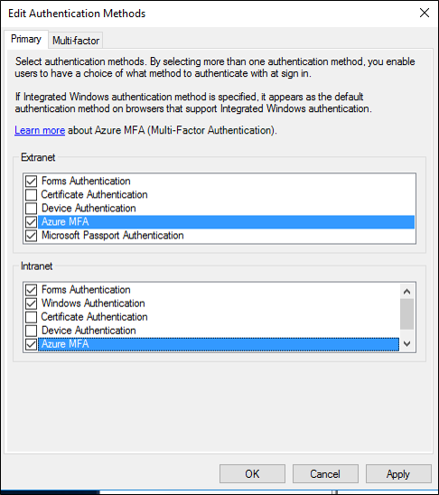 [エクストラネット] セクションと [イントラネット] セクションの両方で強調表示されている Microsoft Entra 多要素認証オプションを示す、[認証方法の編集] ダイアログ ボックスのスクリーンショット。
