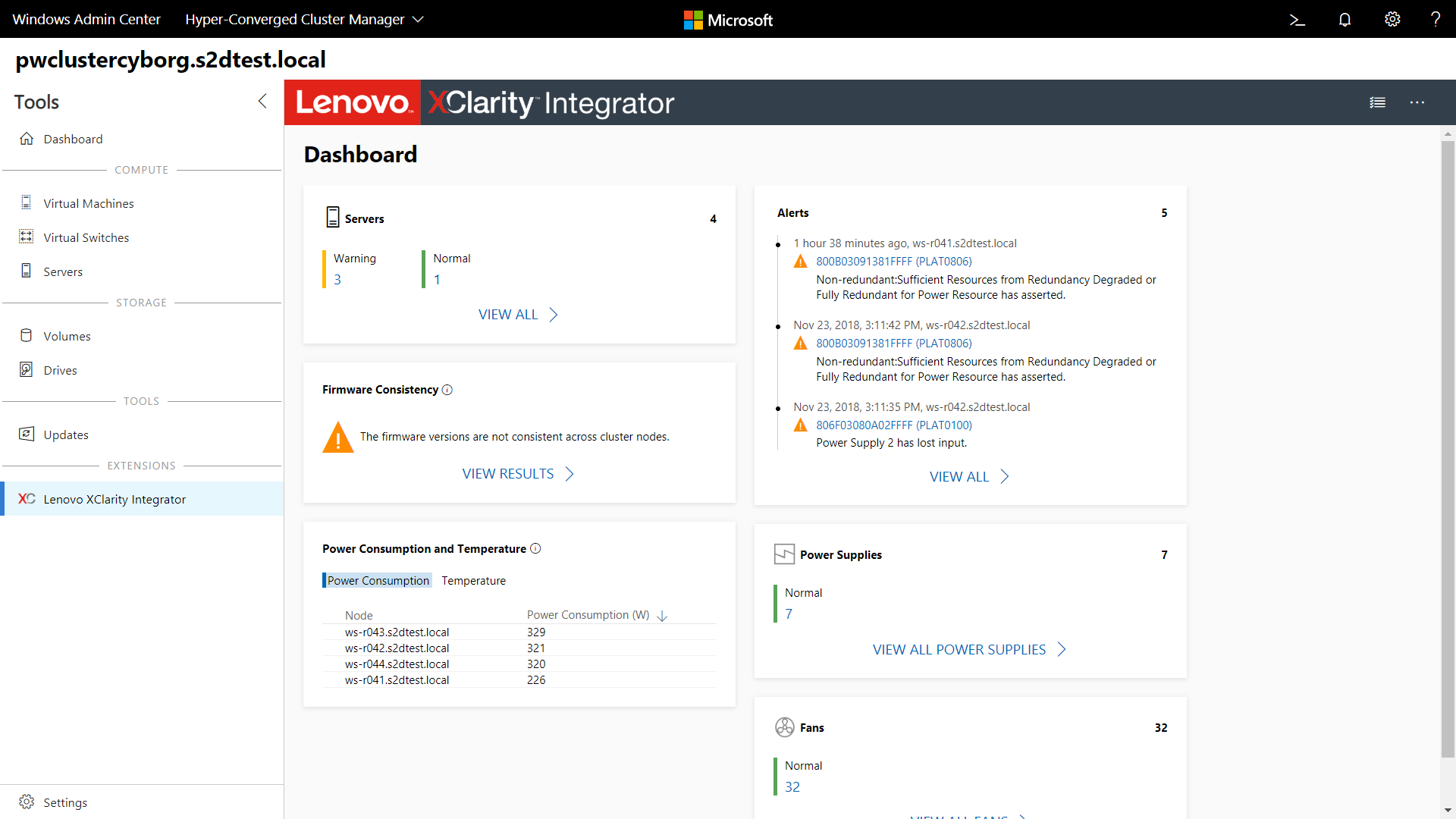 Screenshot of the Lenovo XClarity Integrator extension tool showing the Dashboard page.