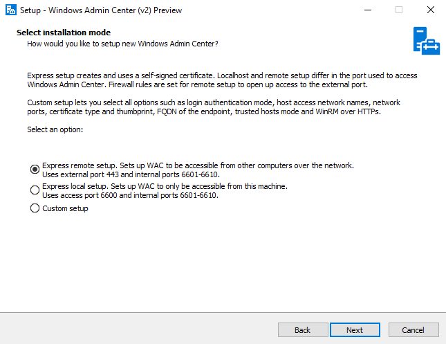 Screenshot of modernized gateway installer with three installation modes
