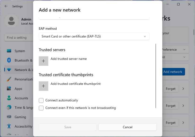 Screenshot of Add a new network dialog, showing WPA3-Enterprise and EAP-TLS, on Windows 11 settings app.