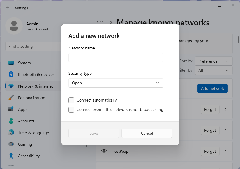 Screenshot of Add a new network dialog in Windows 11 settings app.
