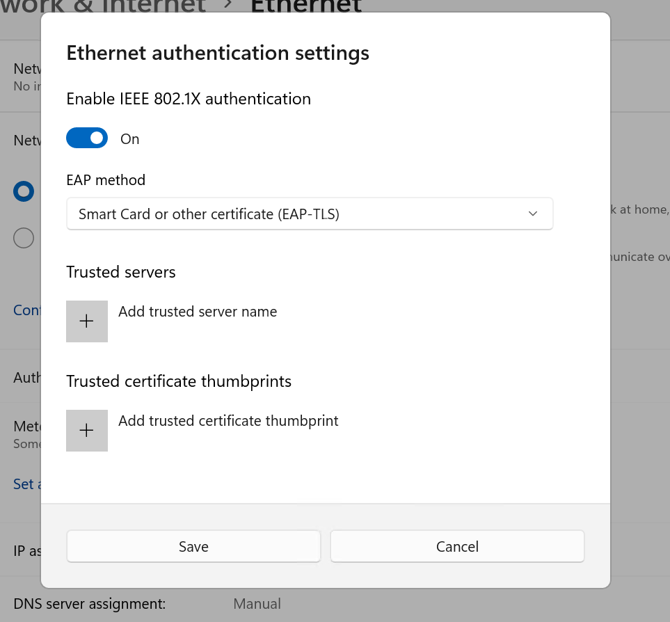 Screenshot of Ethernet authentication settings dialog, expanded, in Windows 11 settings app.