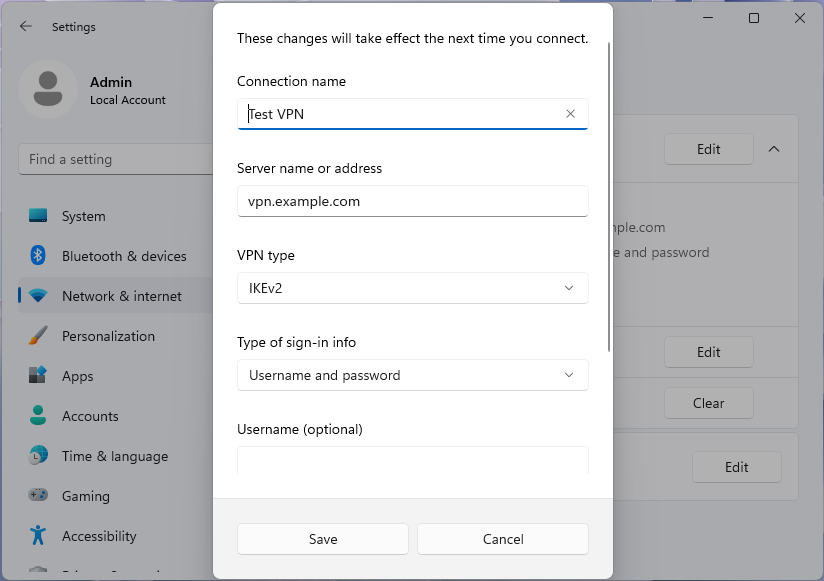 Screenshot of VPN profile Edit dialog in Windows 11 settings app.