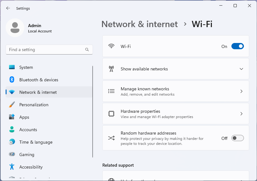Screenshot of Wi-Fi page on Windows 11 settings app.