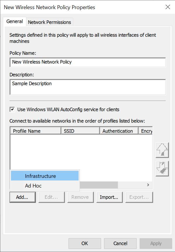 Screenshot showing the New Wireless Network Policy Properties dialog.