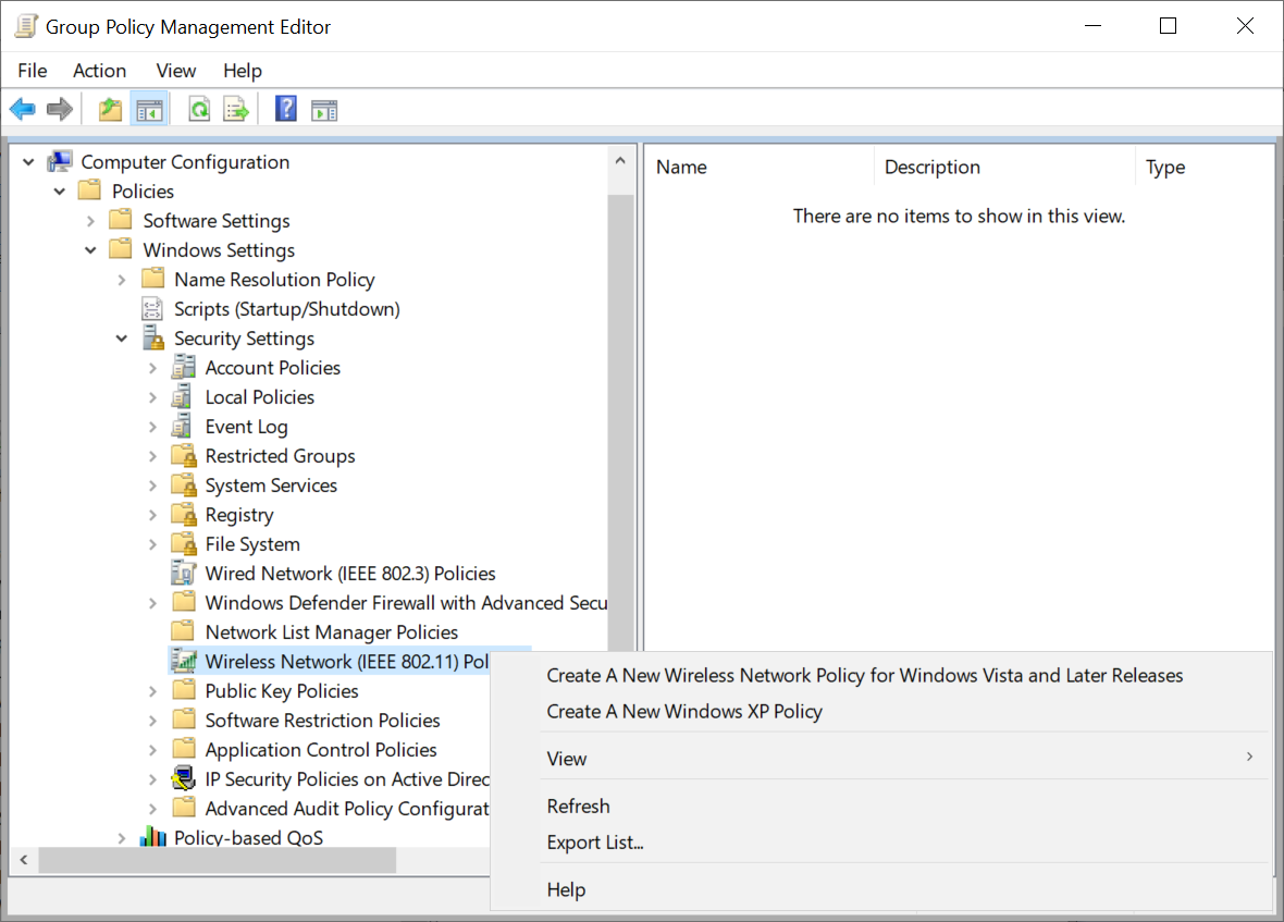 Screenshot showing Create A New Wireless Network Policy for Windows Vista and Later Releases option in Group Policy Management Editor.
