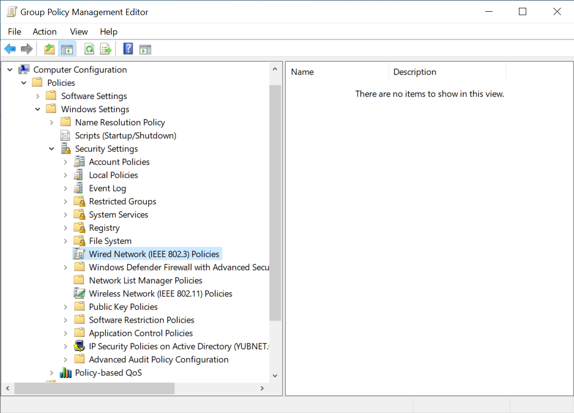 Screenshot showing Wired Network (IEEE 802.3) Policies option in Group Policy Management Editor.