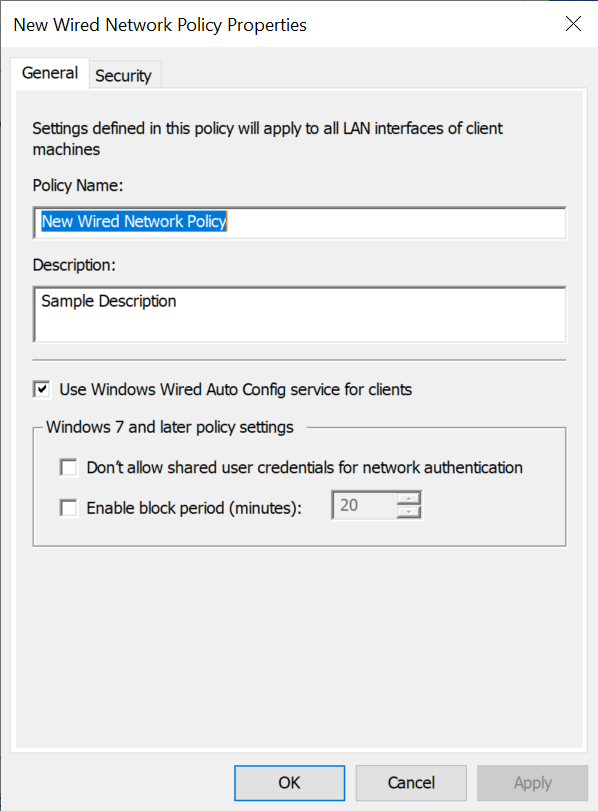 Screenshot showing the New Wired Network Policy Properties dialog.