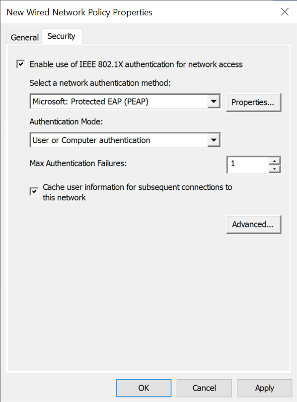 Screenshot showing the Security tab of the New Wired Network Properties dialog.