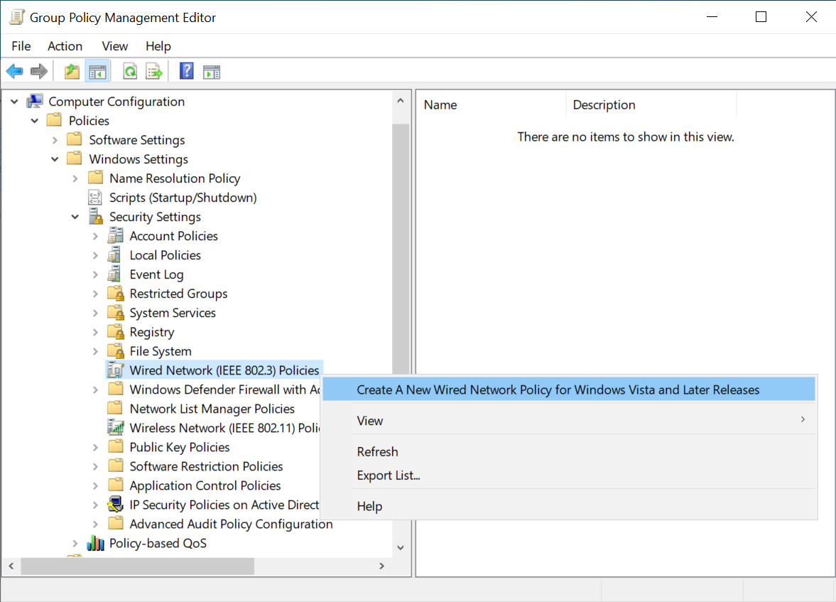 Screenshot showing Create A New Wired Network Policy for Windows Vista and Later Releases option in Group Policy Management Editor.