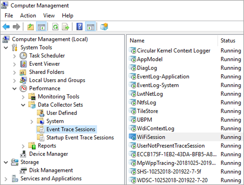A screenshot of the computer management folder. The System Traces folder is open and the WiFi Session file is selected.