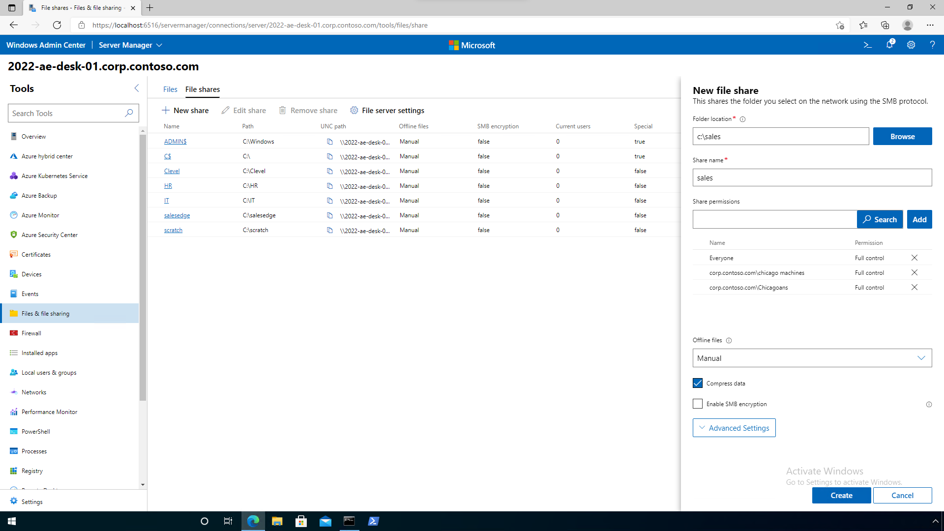 Window Server 2022 ファイル サーバーの Windows Admin Center のスクリーンショット。
