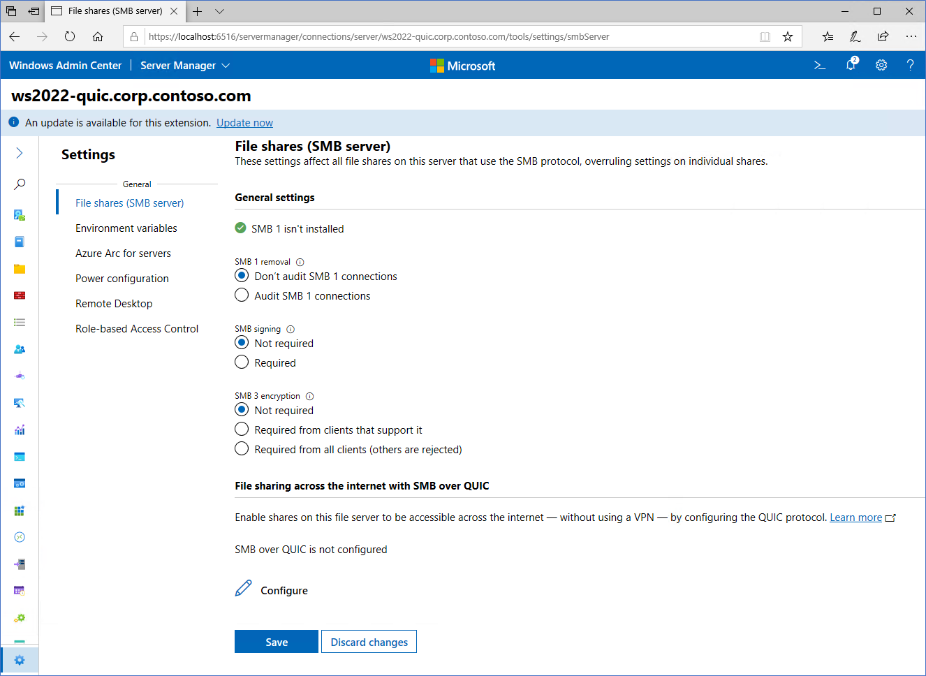 Windows Admin Center の SMB over QUIC の構成画面を示す画像