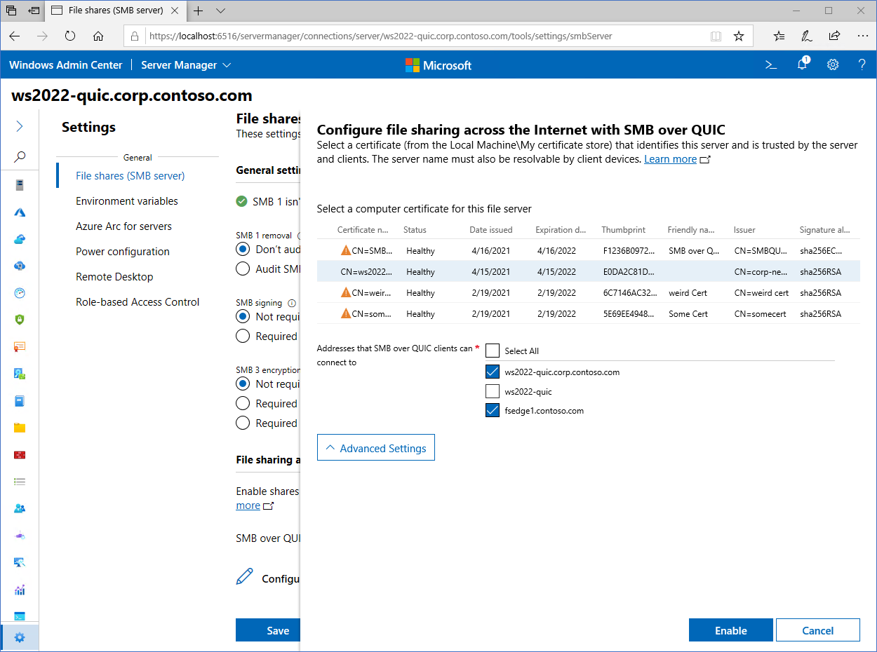 Windows Admin Center で構成された SMB over QUIC 設定で利用可能なすべての認定資格証を示す画像