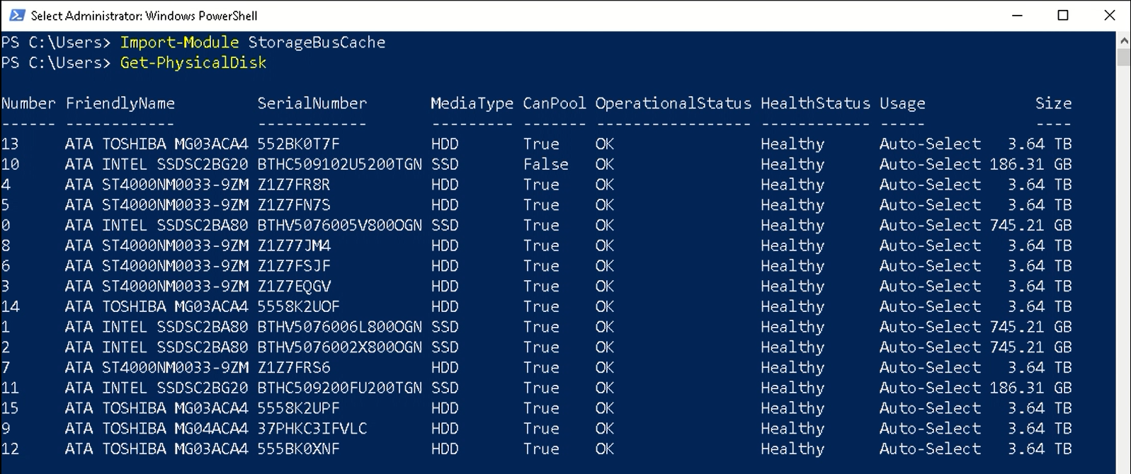 Screenshot showing the result from Get-PhysicalDisk before enabling the storage bus cache.