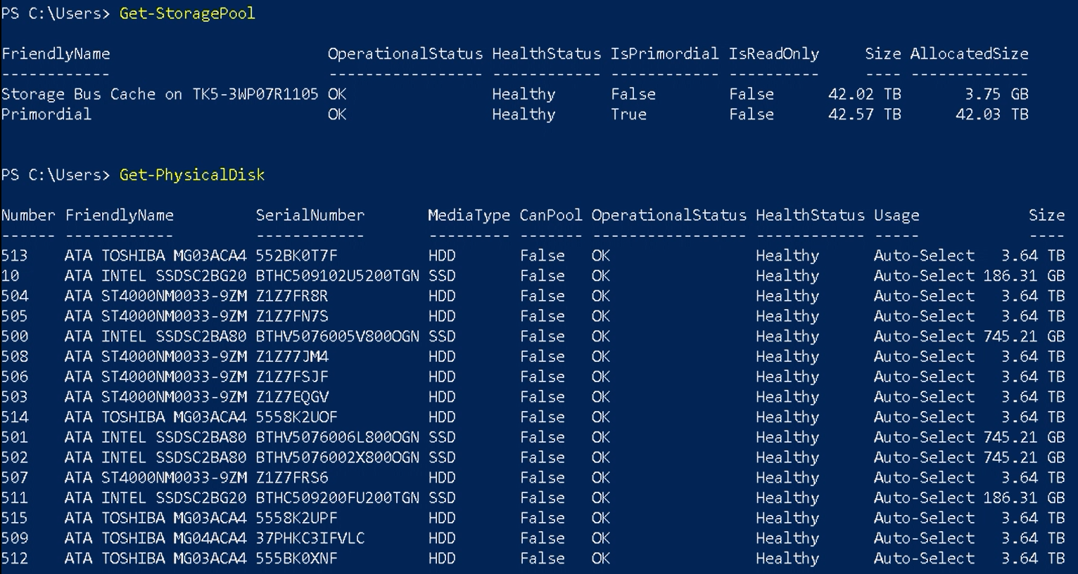 Screenshot showing the results of Get-StoragePool and Get-PhysicalDisk after enabling the storage bus cache.