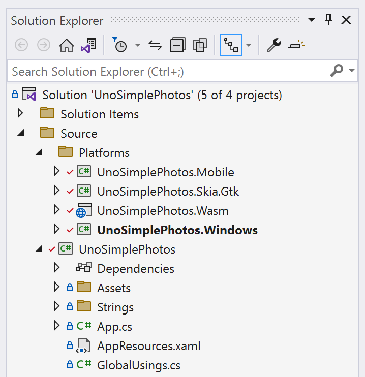 Screenshot of the default file structure in Solution Explorer.