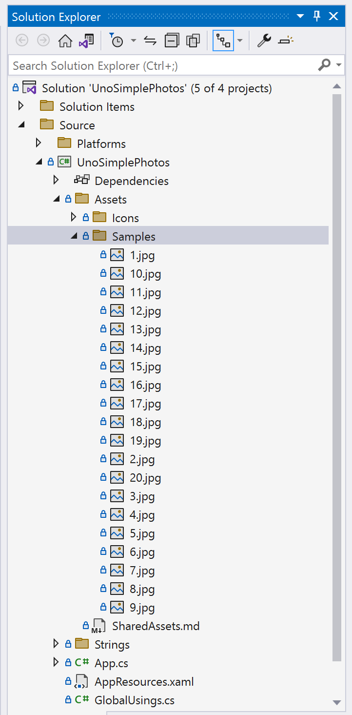 Screenshot of the Solution Explorer pane in Visual Studio with the new files and folders added.