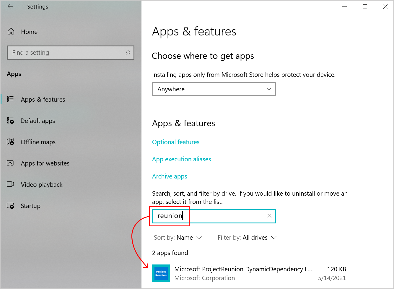 Screenshot of Apps & Features page in Settings to remove Windows App SDK packages