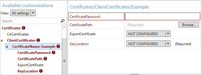 Windows 構成Designerでは、クライアント証明書の追加設定を使用できます。