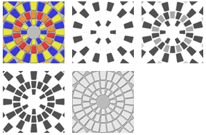 1 つの画像の 5 つのバージョンを示す図:最初の色、次にグレースケールの 4 つの異なるパターン