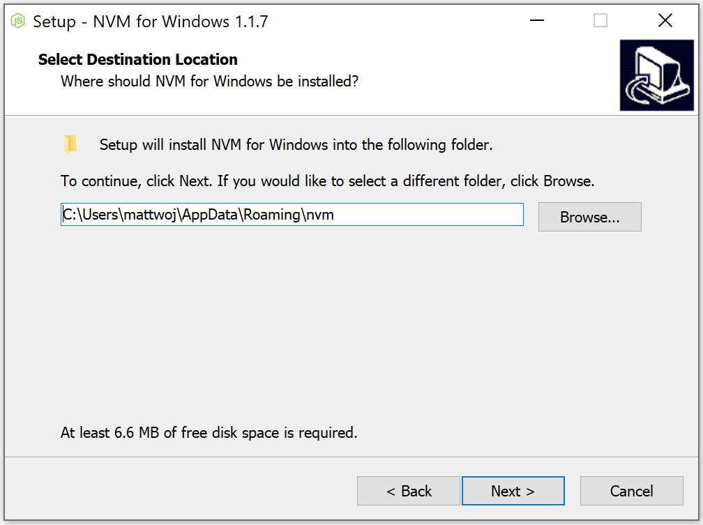 NVM for Windows installation wizard