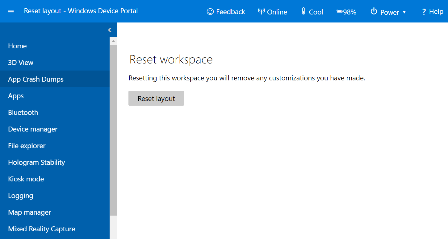 Selecting Reset layout from the Reset workspace page
