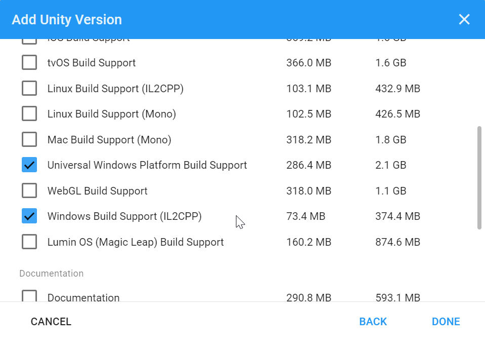 ユニバーサル Windows プラットフォーム Build Support オプション