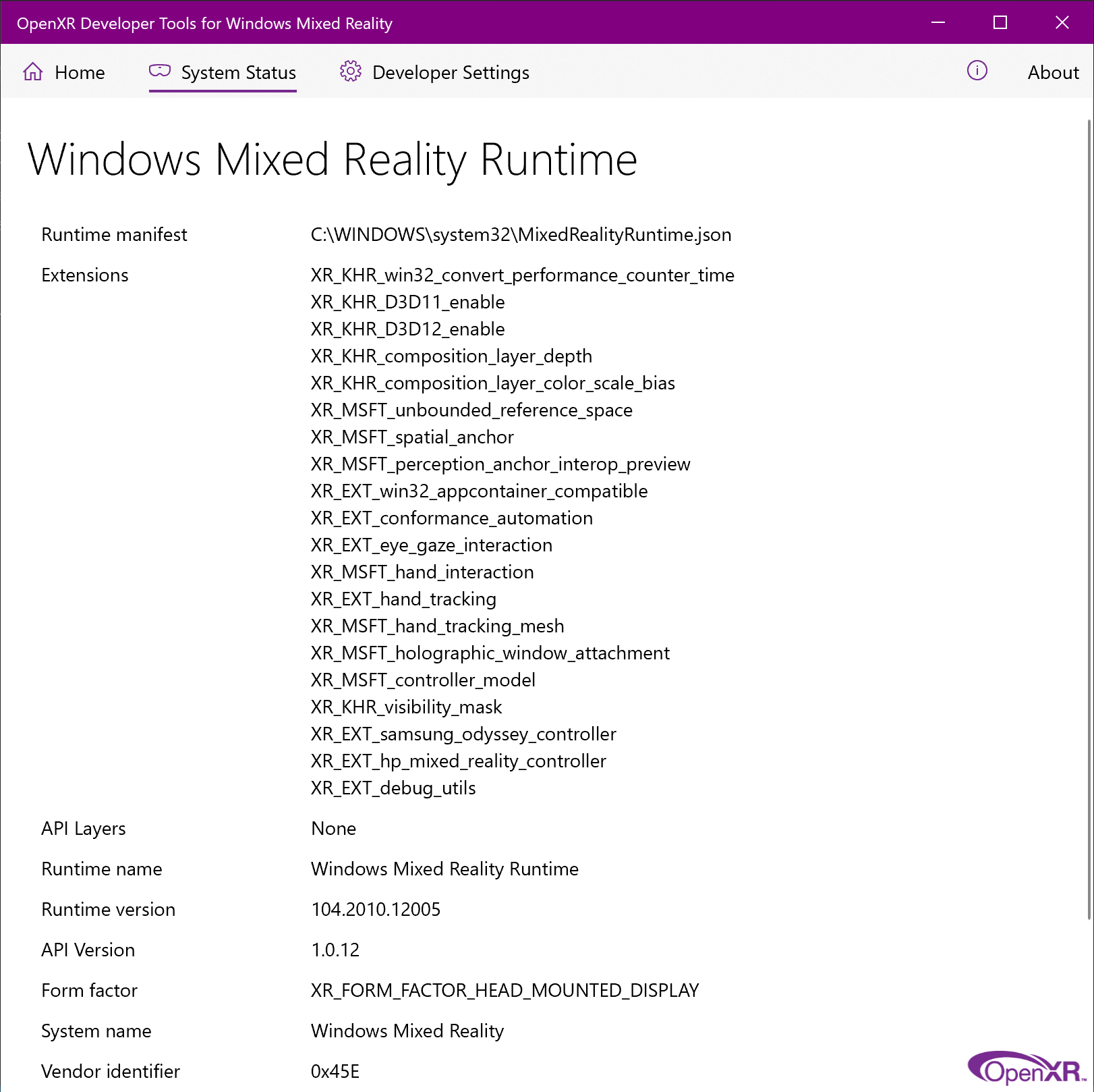 Windows Mixed Reality アプリの [システムの状態] タブの OpenXR 開発者ツール