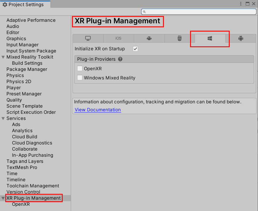 [プロジェクト設定] ウィンドウが開き、[XR Plugin Management] ページおよび [ユニバーサル Windows プラットフォーム] タブが表示されていることを示すスクリーンショット。