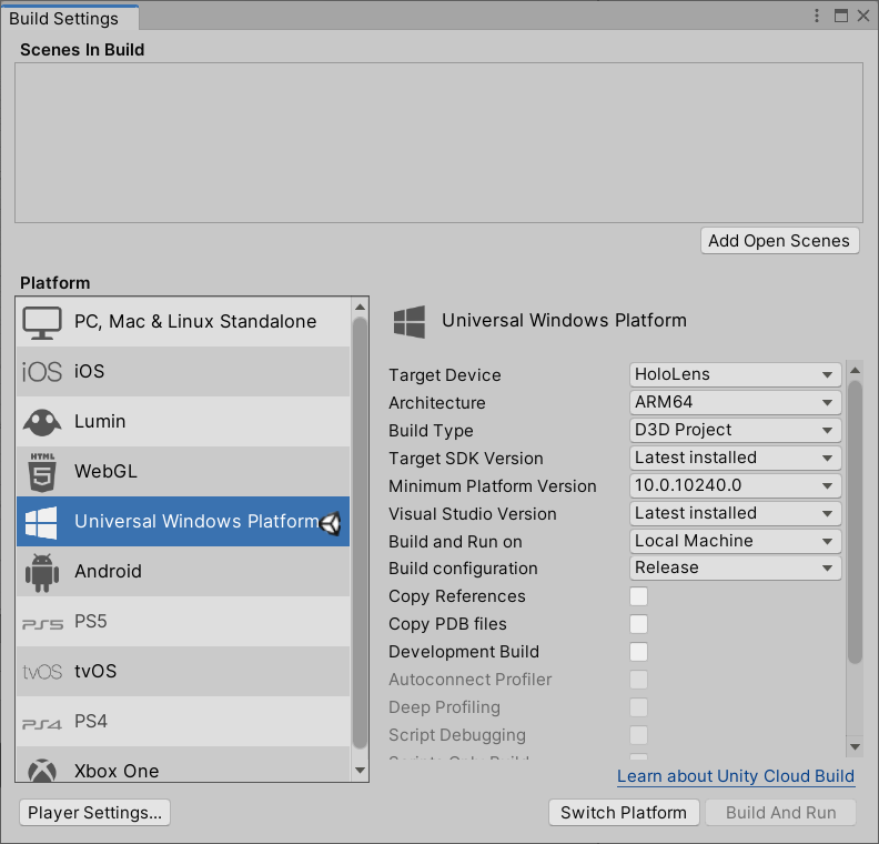unity エディターで [ビルド設定] ウィンドウが開き、ユニバーサル Windows プラットフォームが強調表示されているスクリーンショット。