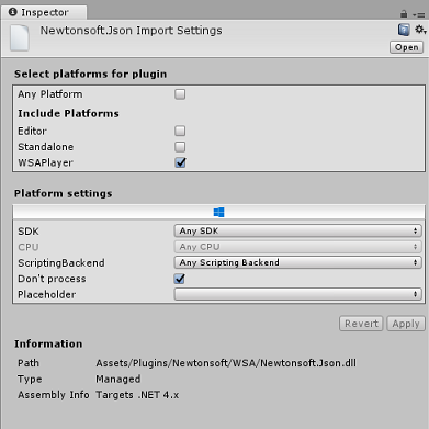 Newtonsoft プラグイン プラットフォームの設定を構成する
