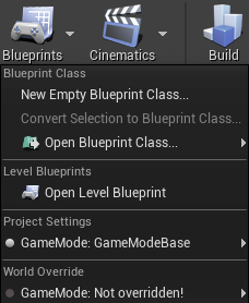 [Open Level Blueprint]\(Level ブループリントを開く\) オプションが強調表示されているブループリント メニュー