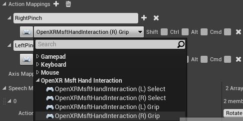 OpenXR Msft ハンド インタラクション オプションが強調表示されたアクション マッピング