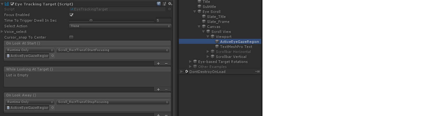 Unity での目でサポートされるスクロールのセットアップ: EyeTrackingTarget