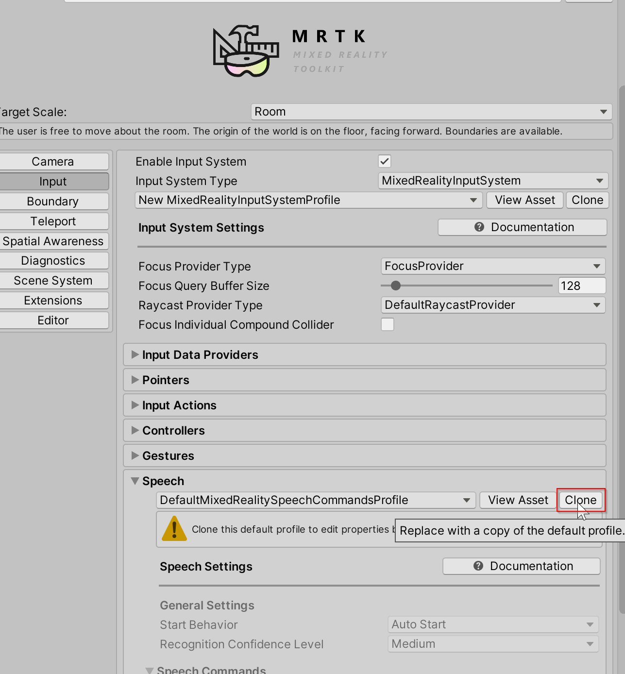 MRTK ゲーム オブジェクトの Speech キーワード プロファイル