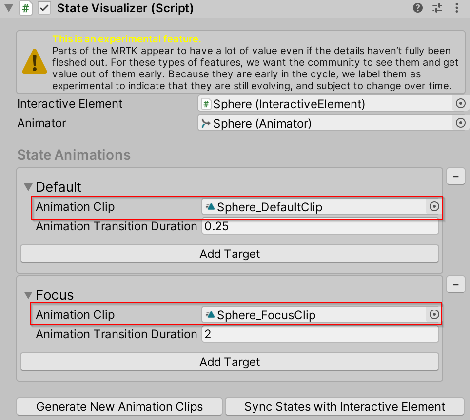 Animation clips in state visualizer component