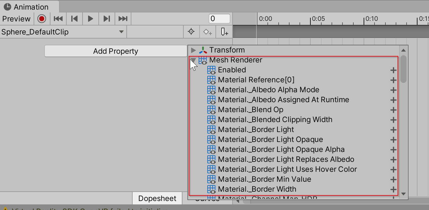 Mesh renderer animation properties in the Animator window
