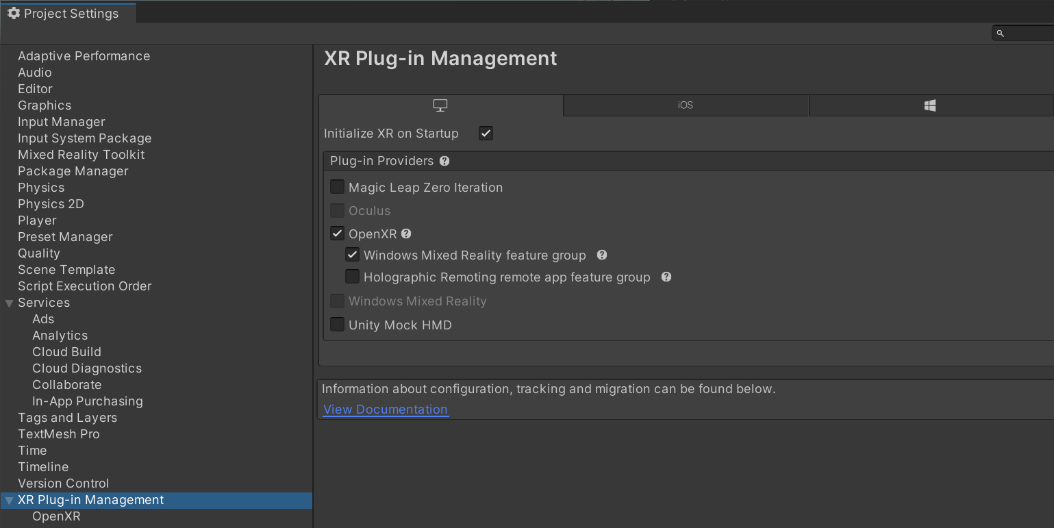 Standalone XR Plug-in Management window