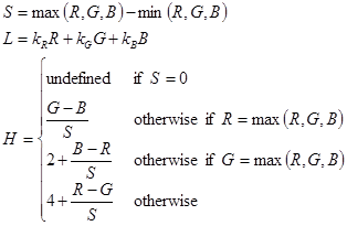 rgb 色から hsl 色への変換を記述する数式。