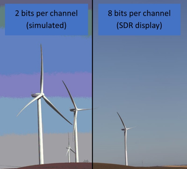 シミュレートされたカラー チャネルあたり 2 ビットとチャネルあたり 8 ビットの風車の画像
