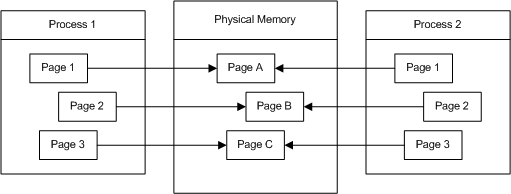 同じ物理メモリにマップされたプロセス 1 ページと 2 ページのボックスと矢印