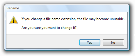 ファイル名拡張子の変更に関するスクリーンショットの警告 