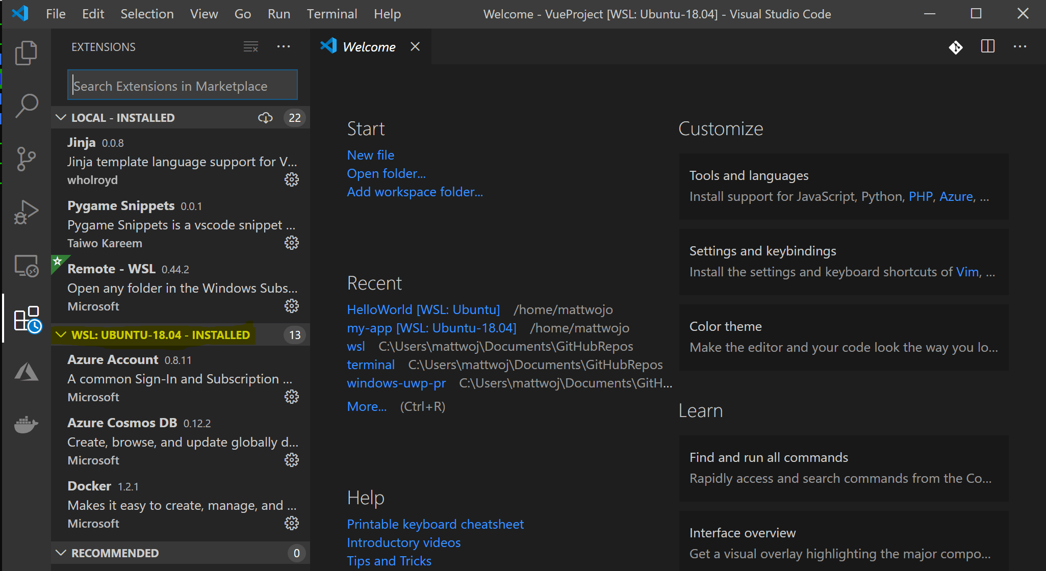 VS Code with WSL extensions displayed